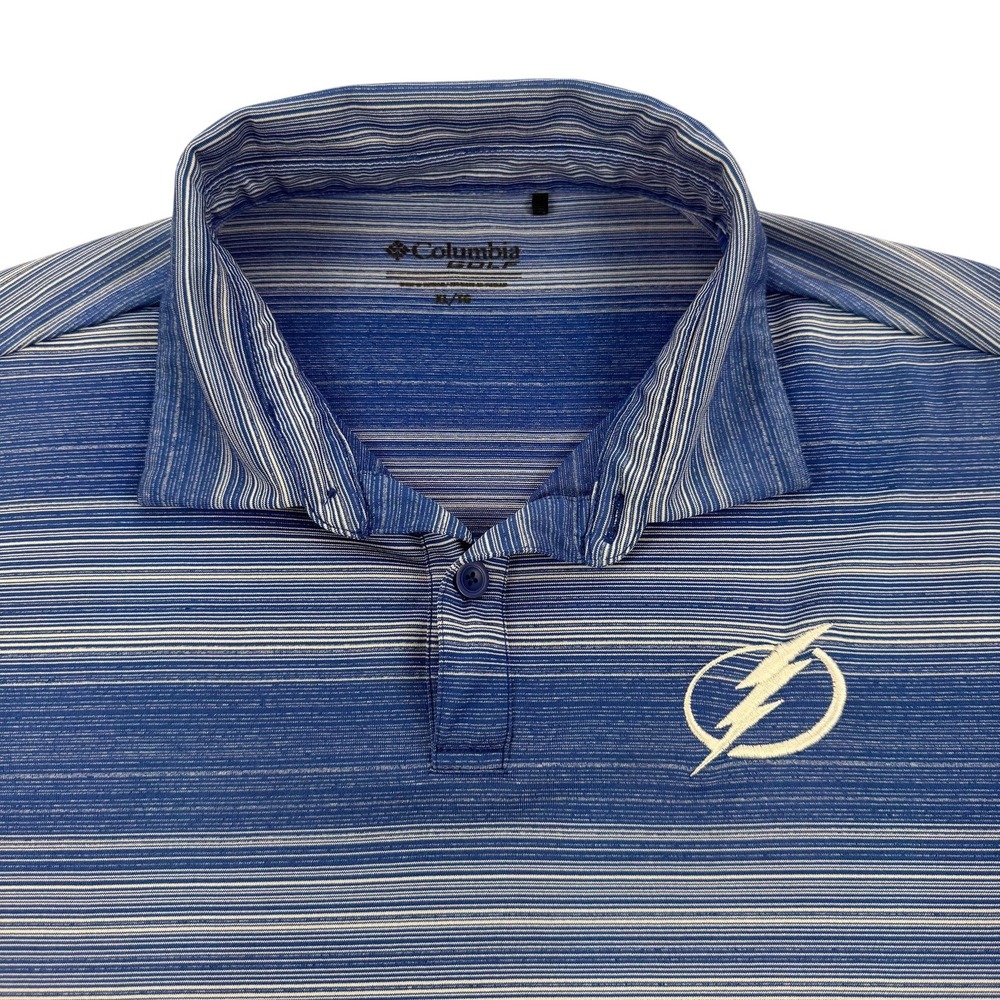 Tampa Bay Lightning Polo Shirt Mens XL Blue NHL Hockey Columbia Golf Striped
